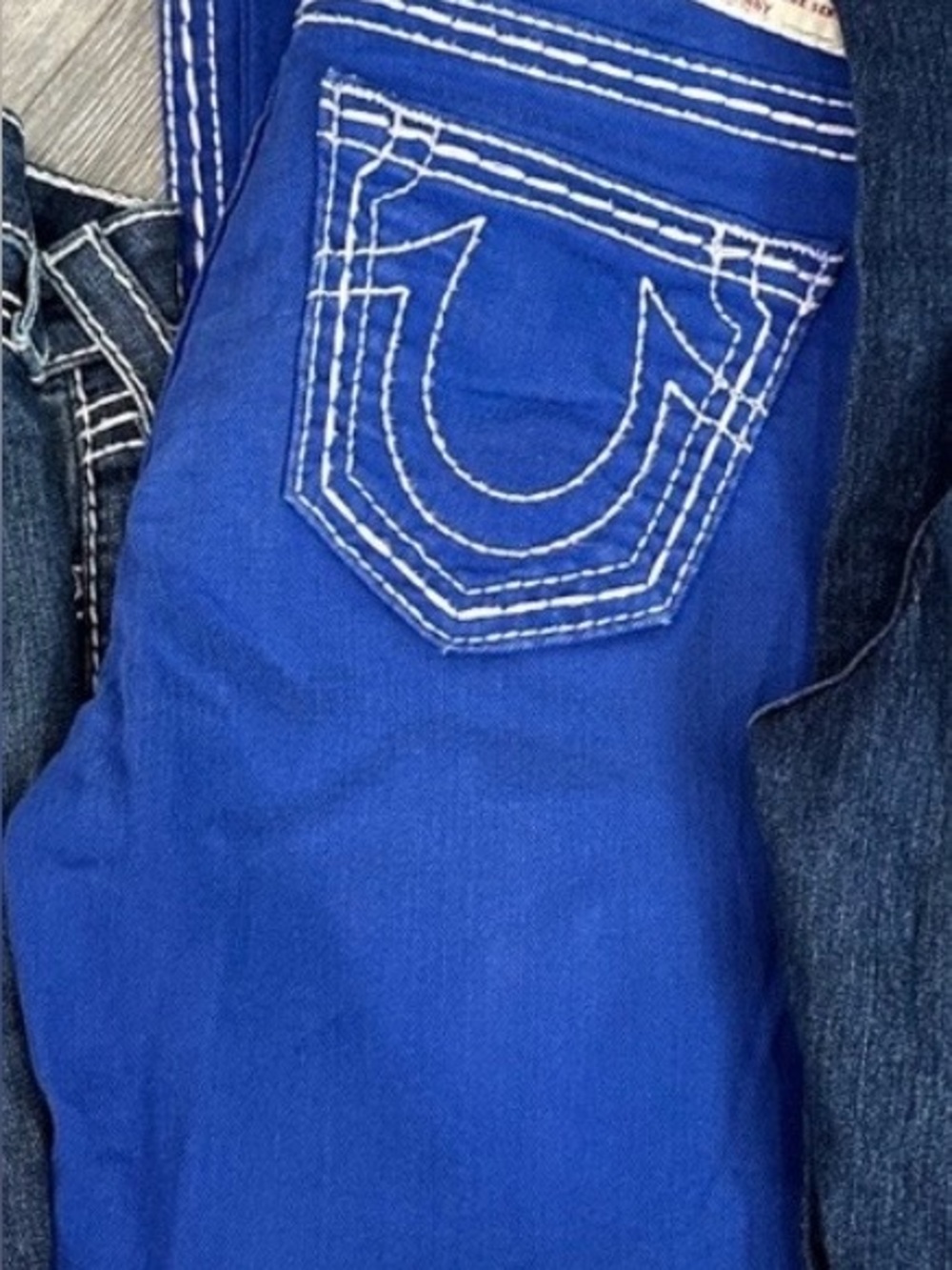 True Religion Women's Royal Blue Skinny Jeans with White Stitching